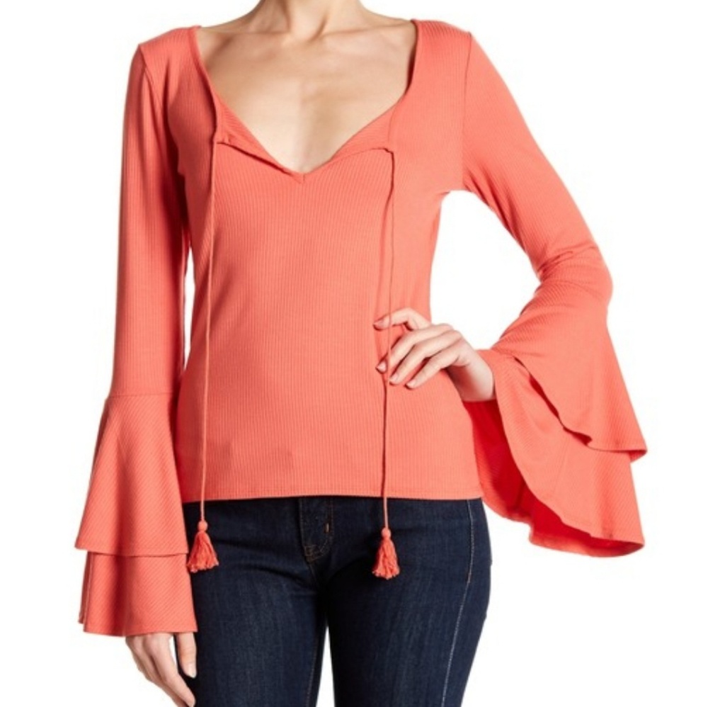 Band of Gypsies Coral Ribbed Belle Sleeve Top
